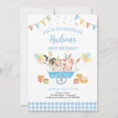 Boerderijdieren Blauw Gingham Jongen Meisje Eerste Kaart (Voorkant)