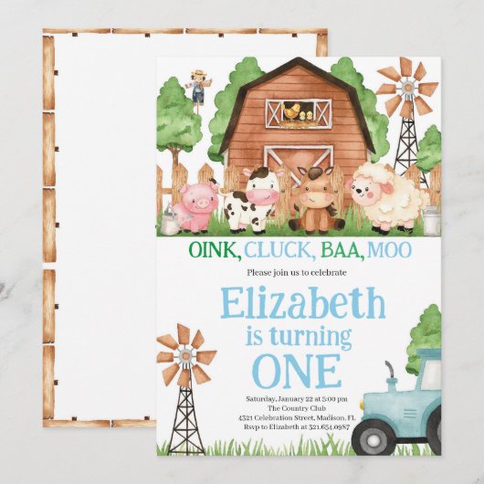 Boerderijdieren Blauw Jongen Barnyard Verjaardagsf Kaart (Voorkant / Achterkant)