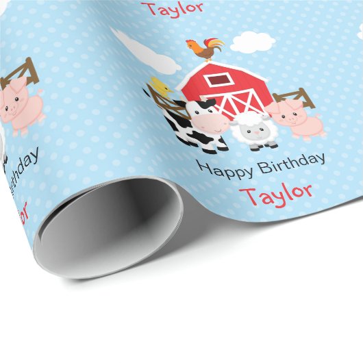 Boerderijdieren (blauw) Jongen Verjaardag geperson Cadeaupapier (Rol Hoek)