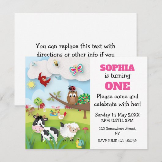 Boerderijdieren eerste verjaardag uitnodiging (Voorkant / Achterkant)