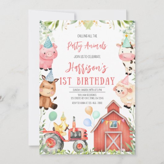 Boerderijdieren eerste verjaardagsfeest kaart (Voorkant)