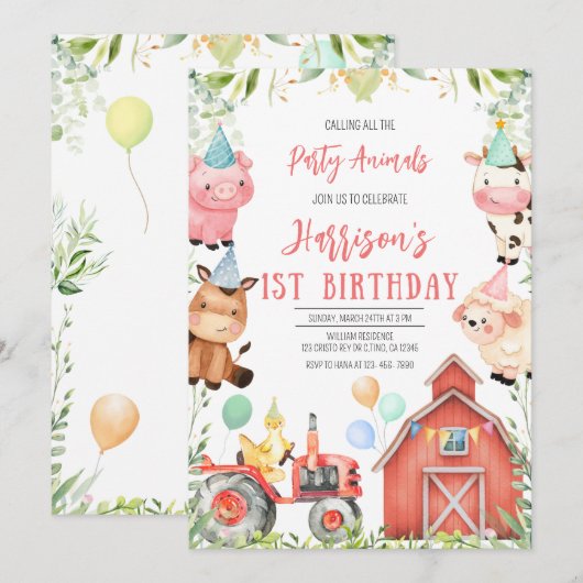 Boerderijdieren eerste verjaardagsfeest kaart (Voorkant / Achterkant)