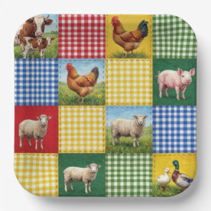 Boerderijdieren en geruit patchworkdekbed papieren bordje