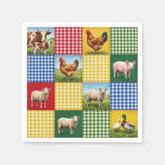 Boerderijdieren en geruite patchworkdeken servet (Voorkant)
