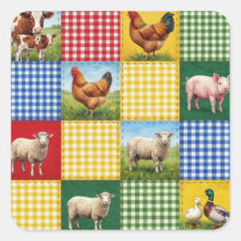 Boerderijdieren en geruite patchworkdeken vierkante sticker
