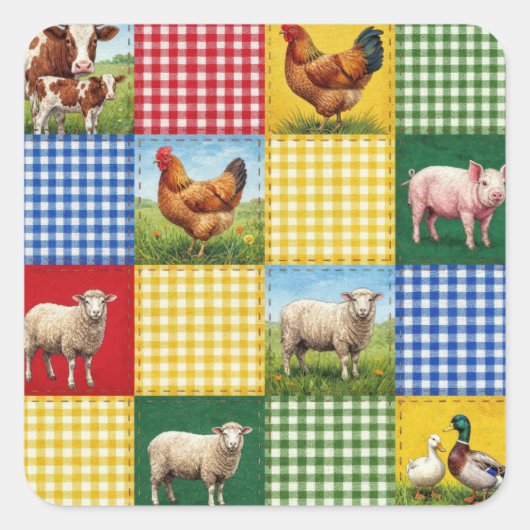 Boerderijdieren en geruite patchworkdeken vierkante sticker (Voorkant)