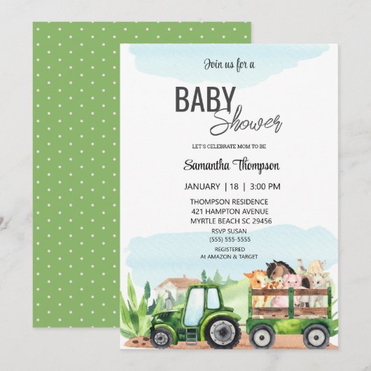 Boerderijdieren Groene Tractor Baby shower Kaart (Voorkant / Achterkant)