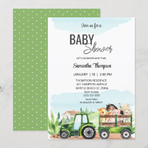 Boerderijdieren Groene Tractor Baby shower Kaart