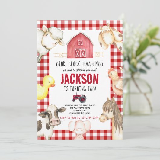 Boerderijdieren Jongen Rood Gingham Boerderij Verj Kaart (Staand voorkant)