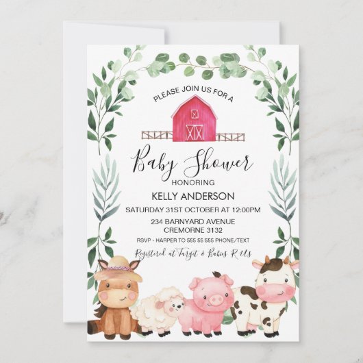 Boerderijdieren Loofkrans Baby Shower Uitnodiging (Voorkant)
