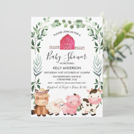 Boerderijdieren Loofkrans Baby Shower Uitnodiging (Staand voorkant)