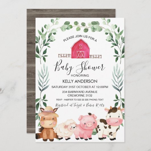 Boerderijdieren Loofkrans Baby Shower Uitnodiging (Voorkant / Achterkant)