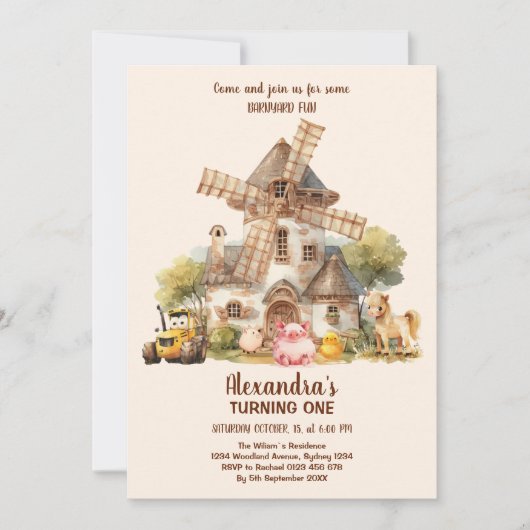 Boerderijdieren Meisje 1e Verjaardag Kaart (Voorkant)