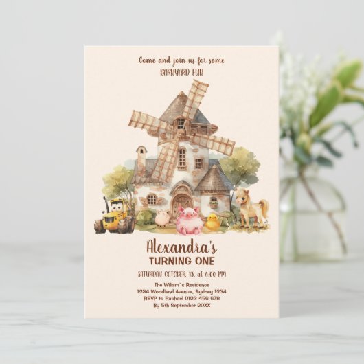 Boerderijdieren Meisje 1e Verjaardag Kaart (Staand voorkant)