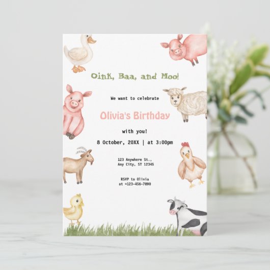 Boerderijdieren Meisje Gingham Barnyard Verjaardag Kaart (Staand voorkant)