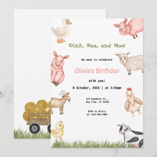 Boerderijdieren Meisje Gingham Barnyard Verjaardag Kaart (Voorkant / Achterkant)