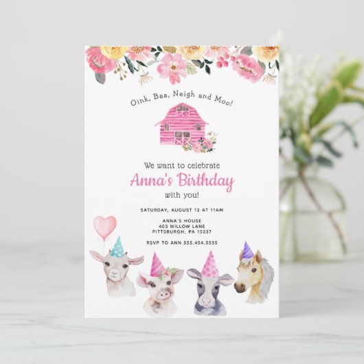 Boerderijdieren Meisje Verjaardag uitnodiging (Staand voorkant)