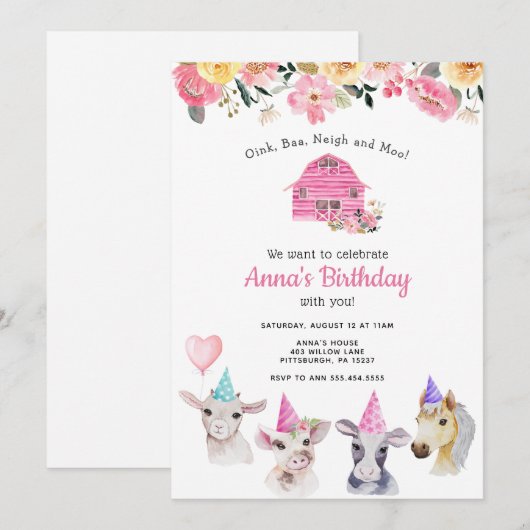 Boerderijdieren Meisje Verjaardag uitnodiging (Voorkant / Achterkant)