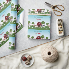 Boerderijdieren met Red Barn Blue Sky Happy Birthd Cadeaupapier