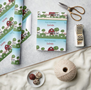 Boerderijdieren met Red Barn Blue Sky Happy Birthd Cadeaupapier