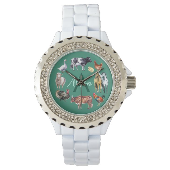 Boerderijdieren Monogram waterverf groen Horloge (Voorkant)