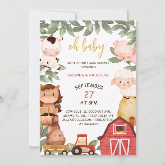 Boerderijdieren Oh Baby shower Rustiek Kaart (Voorkant)
