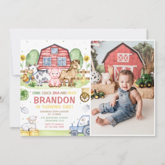 Boerderijdieren Oink Baa Moo 1e verjaardag foto Kaart (Voorkant)