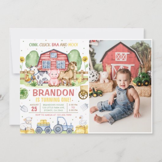 Boerderijdieren Oink Baa Moo 1e verjaardag foto Kaart (Voorkant)