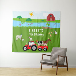 Boerderijdieren & Rode Tractor Verjaardagsfeest Th Wandkleed