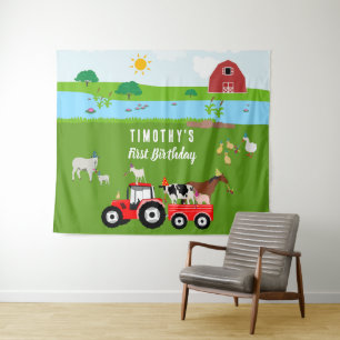Boerderijdieren & rode tractor verjaardagsfeestthe wandkleed