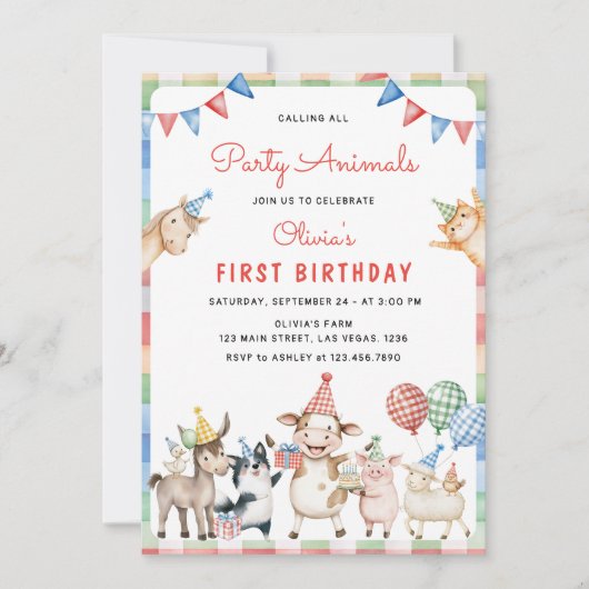 Boerderijdieren roepen alle partij 1e verjaardag kaart (Voorkant)