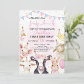 Boerderijdieren Roze Barnyard Meisje Eerste Verjaa Kaart (Staand voorkant)