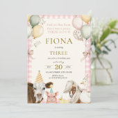 Boerderijdieren Roze Gingham Meisje 3e verjaardag Kaart (Staand voorkant)