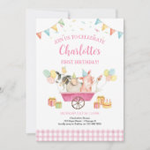 Boerderijdieren Roze Gingham Meisje Eerste Verjaar Kaart (Voorkant)