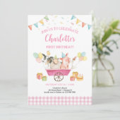 Boerderijdieren Roze Gingham Meisje Eerste Verjaar Kaart (Staand voorkant)