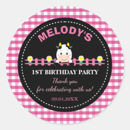Boerderijdieren Roze Koe 1e Verjaardagsfeest Favor Ronde Sticker