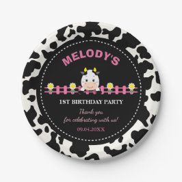 Boerderijdieren Roze Koe Barnyard 1e verjaardagsfe Papieren Bordje