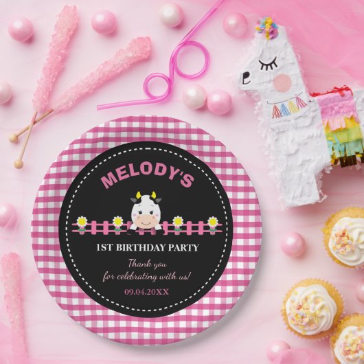 Boerderijdieren Roze Koe Barnyard 1e verjaardagsfe Papieren Bordje (Feest)