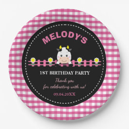 Boerderijdieren Roze Koe Barnyard 1e verjaardagsfe Papieren Bordje