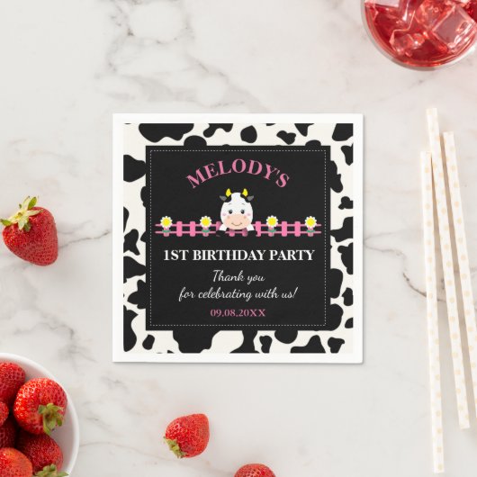 Boerderijdieren Roze Koe Barnyard 1e verjaardagsfe Servet (Insitu)