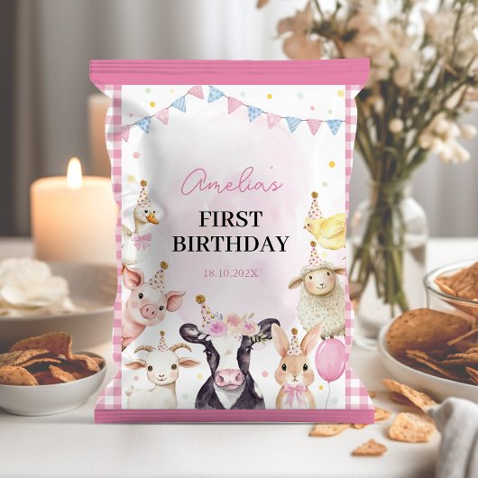 Boerderijdieren Roze Meisje Verjaardag Chip Bag Wr Flyer