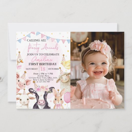 Boerderijdieren Roze Meisje Verjaardag Foto Uitnod Bedankkaart (Voorkant)