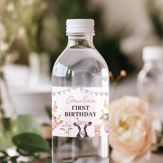 Boerderijdieren Roze Meisje Verjaardag Waterfles Etiket