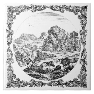 Boerderijdieren Scene Vintage Delft Zwart & Wit Tegeltje