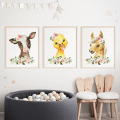 Boerderijdieren, schuur, roze bloemen, meisjeskwek muurkunst sets