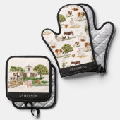 Boerderijdieren & schuurpatroon ovenwant & pannenlap set (Voorkant / Achterkant)