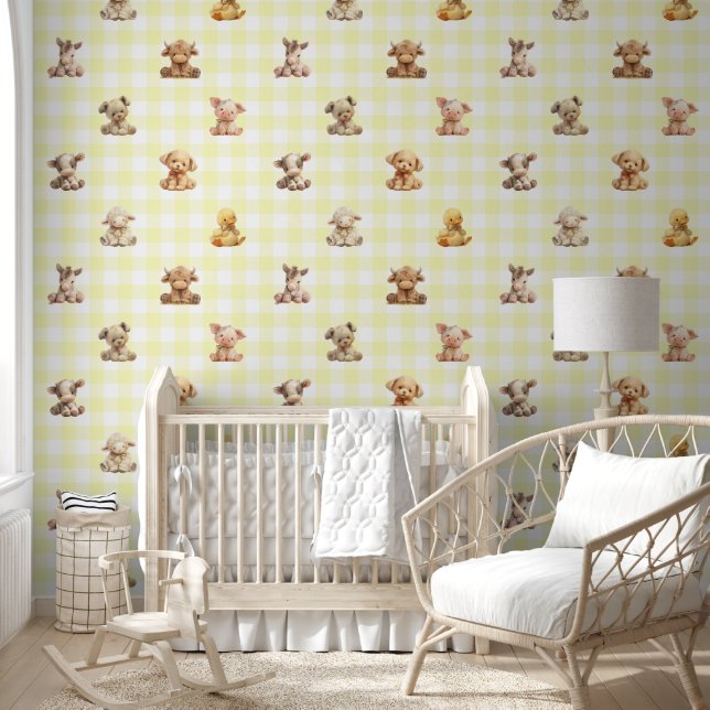 Boerderijdieren Speelgoed Yellow Plaid Baby Nurser Behang (Kinderen)