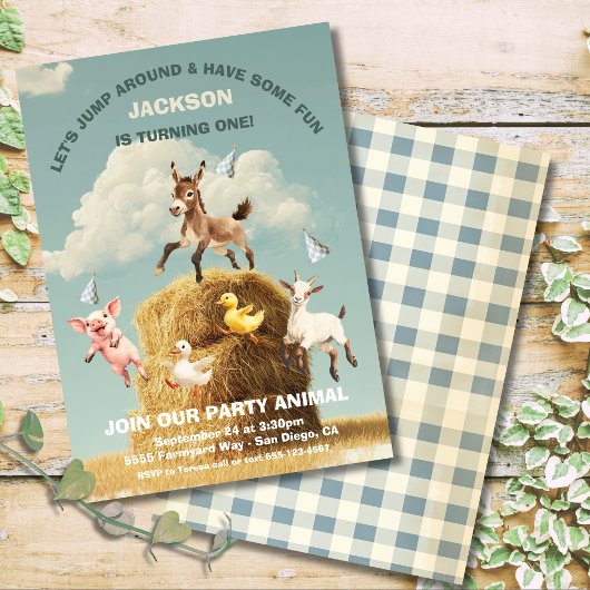 Boerderijdieren springen hooiberg verjaardagsfeest kaart