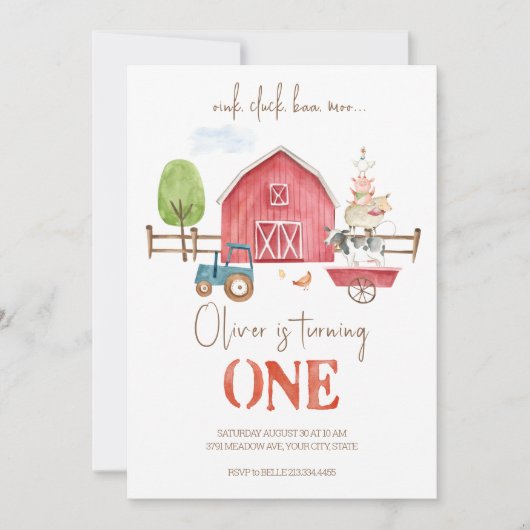 Boerderijdieren thema eerste verjaardag uitnodigin kaart (Voorkant)