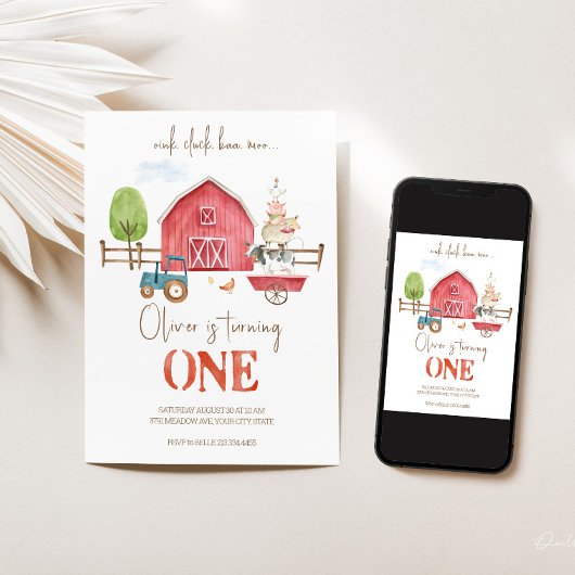 Boerderijdieren thema eerste verjaardag uitnodigin kaart